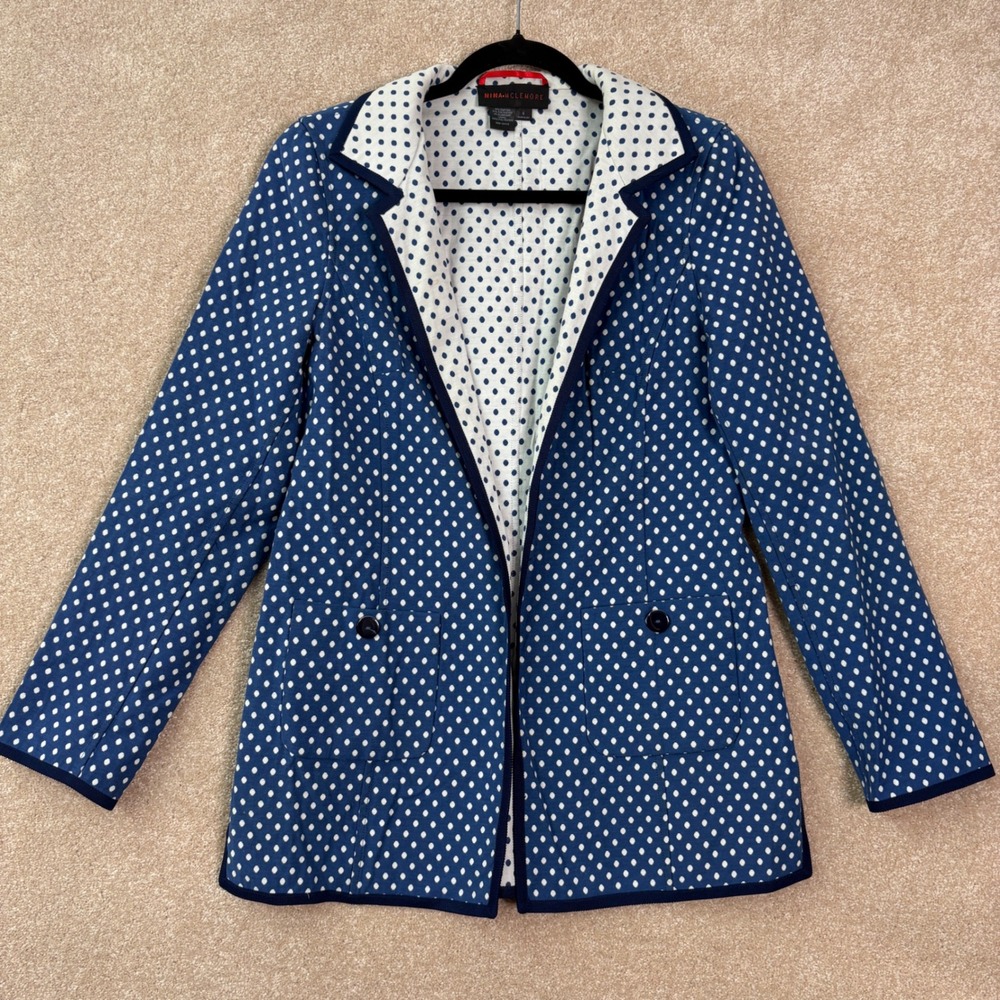 NINA MCLEMORE Blazer Women 6 Blue White Polka Dot Open Front Career Professional
